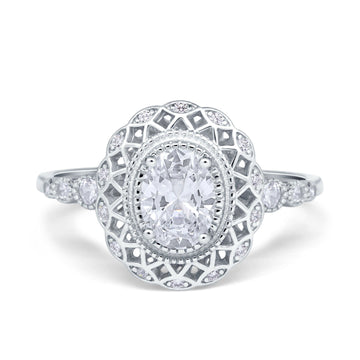 Oval Vintage Art Deco Halo Wedding Engagement Bridal Ring Round Simulated Cubic Zirconia 925 Sterling Silver